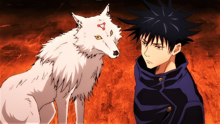 megumi fushiguro with his wolf in jjk
